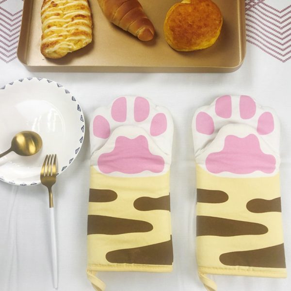 1PC 3D Cartoon Animal Cat Paws Oven Mitts Long Cotton Baking Insulation Microwave Heat Resistant Non 3 - Cat Paw Gloves