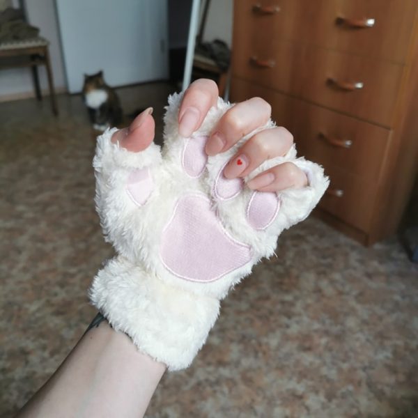New Winter Gloves Women Bear Plush Cat Paw Claw Gloves Cute Kitten Fingerless Mittens Christmas Halloween 1 - Cat Paw Gloves