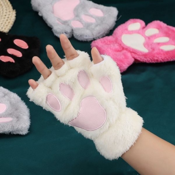 New Winter Gloves Women Bear Plush Cat Paw Claw Gloves Cute Kitten Fingerless Mittens Christmas - Cat Paw Gloves
